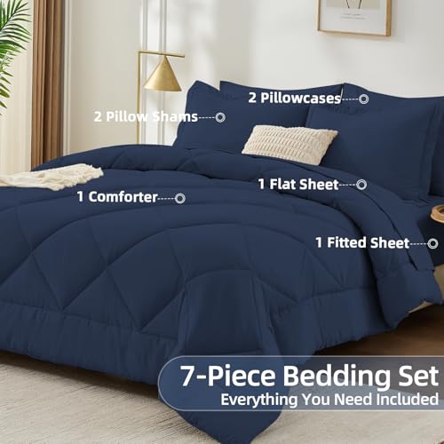 FUANNA 7 Pieces Full Size Comforter Sets, All Season Bedding Sets Full Size, Luxury Soft Bed in a Bag with Comforter, Flat Sheet, Fitted Sheet, Pillowcases & Pillow Shams, Navy Blue FUANNA