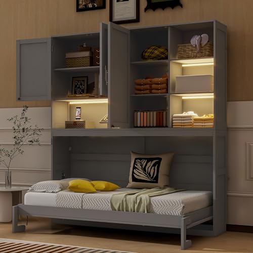 SOFTSEA Twin Size Horizontal Murphy Bed with Bookcase, LED Light and USB Charging Station, Space-Saving Hideaway Wall Bed Frame, Grey SOFTSEA