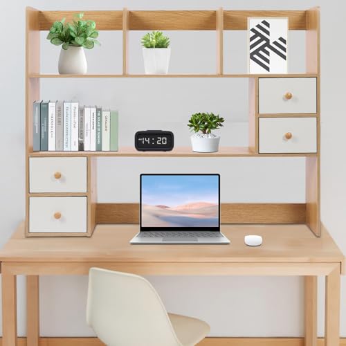 Wood Desk Hutch Organizer, Desktop Hutch with 8 Shelves & 4 Drawers, Vanity Desk with Hutch Top Only, Extendable Small Desk Shelf for Top of Desk, Desktop Bookcase Bookshelf for Home Office Generic