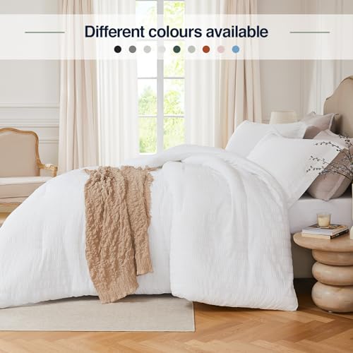 Quataly White Queen Comforter Set - 3 Pieces Seersucker Lightweight Bedding Comforter Sets (1 Soft Fluffy Comforter & 2 Pillowcases) - All Seasons Cozy Modern Bed Sets Quataly