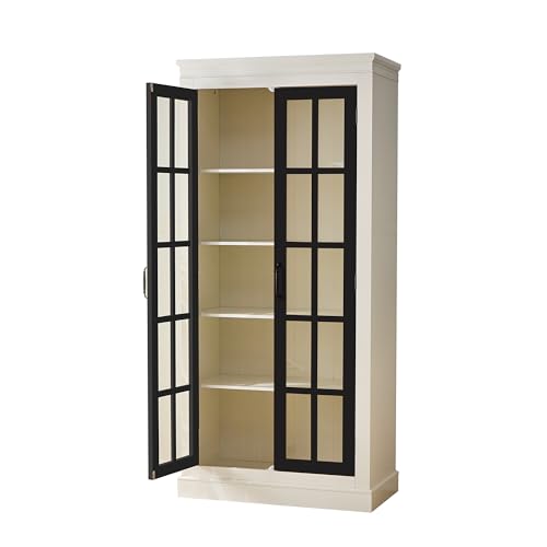Ball & Cast 71.2" Tall Display Cabinet W/Glass Doors,Curio Cabinet W/Adjustable Shelves&Fixed Shelves for Collectibles,Trophies,Farmhouse Style Cabinets for Hallways,Living Room,Bedroom,White&Black Ball & Cast