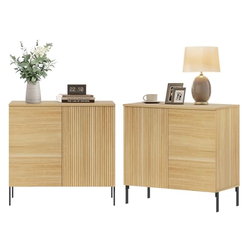 WAMPAT Fluted Nightstand Set of 2, 31.5" Wide Modern Mid Century End Table with 2 Doors, Wooden Bedside Table with Storage, Night Stand Sofa Table Side Table with Hidden Handles for Bedroom,Oak WAMPAT