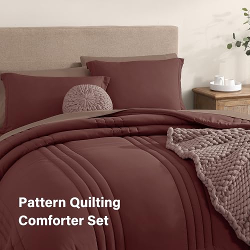 Monbix Queen Comforter Set - 7 Pieces Dark Red Bed in a Bag Queen Bedding Sets with Comforters, All Seasons Comforter Bed Set with Sheets, Pillowcases & Shams Monbix