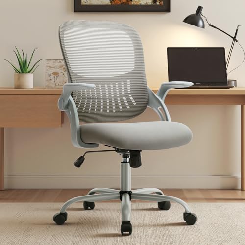 Sweetcrispy Home Office Managerial Executive Chair, Ergonomic Mesh Adjustable Swivel Mid-Back Chair with, Flip-up Arms, Comfortable Lumbar Support, Comfy Arms for Bedroom,Study,Student, Grey Sweetcrispy