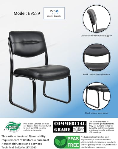 Boss Office Products B9539 Leather Sled Base Side Chair in Black, 250 Boss Office Products
