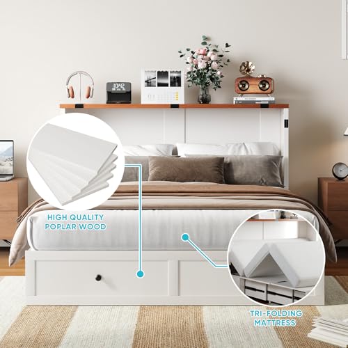 CECER Queen Size Murphy Bed with Tri-Folding Mattress,Murphy Bed Queen with 2 Large Storage Drawers and Charging Station for Small Spaces/Bedroom/Guest Room-(White) CECER