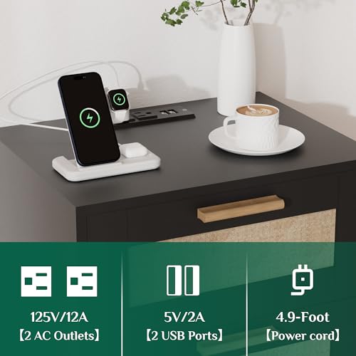 Ltysh Nightstand with Charging Station,2 Set Rattan Night Stand with Solid Wood Legs, Bedside Table with USB Ports & Outlets Bed Side Table,End Table for Bedroom,Living Room(Black-Set 2) Ltysh
