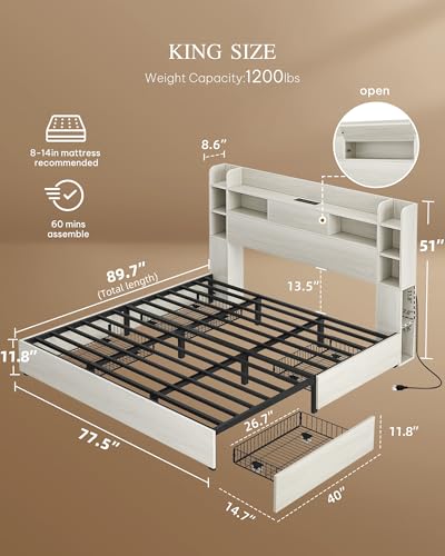 YITAHOME King Bed Frame with Bookcase Headboard and 4 Storage Drawers, RGB LED Light Bed with Type-C & USB Charging Station Storage Headboard Bed Frame, No Box Spring Needed, Noise Free, Antique White YITAHOME