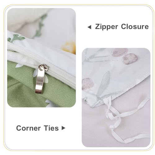 Nanko Floral Duvet Cover King Size, 3 Pieces Green Leaves Yellow Flowers Botanical Pattern Comforter Cover Set, Soft & Lightweight Microfiber Reversible Quilt Cover for Women 104x90 Inches, White Nanko