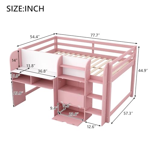 SOFTSEA Full Size Low Loft Bed with Desk & Storage, Solid Wood Pink Loft Bed with Drop-Down Cabinets, Open Shelves & Whiteboard for Kids Juniors Boys Girls, Pink SOFTSEA