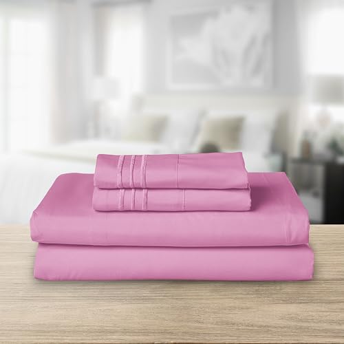 Elegant Comfort Luxurious 1500 Premium Hotel Quality Microfiber Three Line Embroidered Softest 4-Piece Bed Sheet Set, Wrinkle and Fade Resistant, Full, Light Pink Elegant Comfort