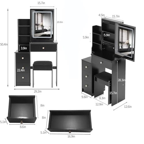 Montary 29.2" Small Size Vanity Desk Set with Plush Cushioned Stool - Sliding Mirror with Adjustable LED Light, Drawers, Multi-Layer & Hidden Storage,Practical & Stylish, Black Montary