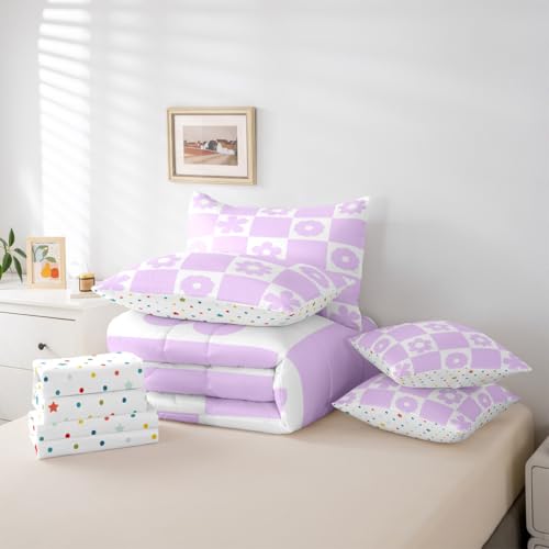Feelyou Cute Flowers Checked Comforter Set Full 7 PCS Purple White Plaid Bedding Set for Kids Boys Girls Geometric Bed in a Bag with Comforter, Sheets, Pillowcases, Cushion Covers Bedroom Decor Feelyou