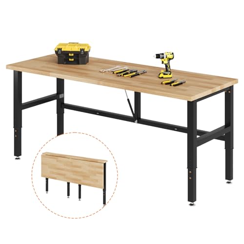 SPECRAFT 72x24 Folding Workbench, Adjustable Foldable Workbench with 2000 LBS Capacity, 30.7"-40" Height, Rubber Wood Top for Garage, Workshop, Office SPECRAFT