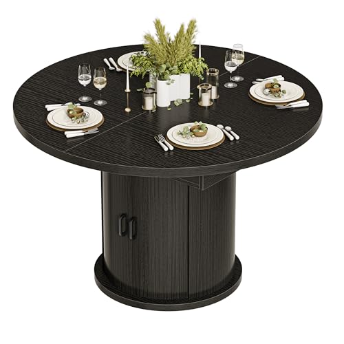 CABZOON 47-63in Extendable Round Dining Table for 4-8 Modern Round Kitchen Table Circle Dining Table with 2-Tier Storage Shelf, Space Saving Expandable Wood Oval for Living Room Walnut Black CABZOON