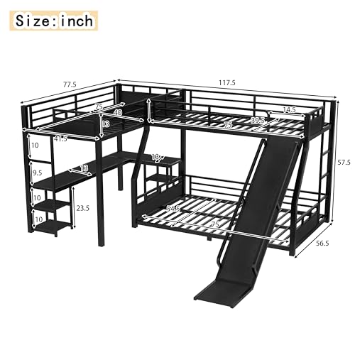 Metal Twin Over Full Bunk Beds with Twin Loft Bed, Heavy Duty Triple Bunk Bed Frame with Slide and Desk,L-Shaped Triple Bunk Beds with Storage Shelves for 3 Kids,Black Bellemave