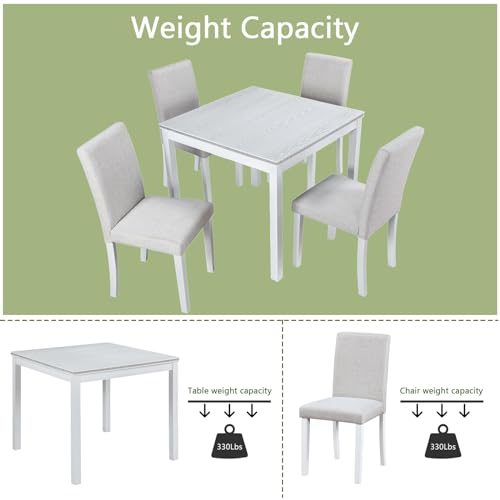 LUMISOL Dining Table Set for 4, 5-Piece Solid Wood Kitchen Table Set with 4 Upholstered Chairs for Kitchen, Dining Room, Home Bar, White LUMISOL