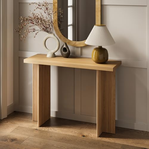 Stead Modern Console Table - Natural Oak, Fluted Solid Wood - Slim Entryway Table with Drawers & Curved Cross Base Stead