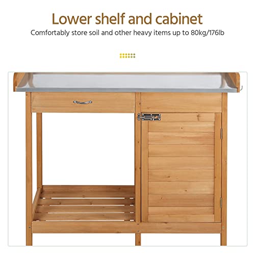 Yaheetech Outdoor Garden Potting Bench Table Work Bench Metal Tabletop W/Cabinet Drawer Open Shelf Natural Wood Yaheetech