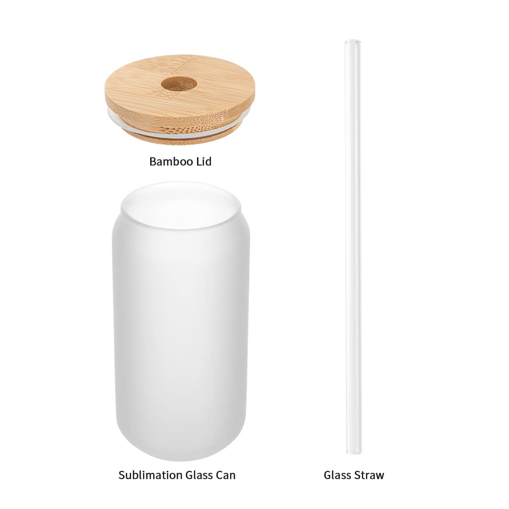 PYD Life Sublimation Glass Cans Blanks Frosted 18 OZ with Bamboo Lid and Clear Glass Straw Beer Cans Wide Mouth Jar Tumbler Cups Mugs for Iced Coffee,Juice,Soda,Drinks,Beer PYD Life