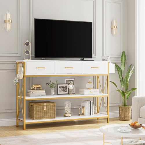 HITHOS 47.2" Console Table with 3 Drawers, Narrow Long Entryway Table with 3-Tier Storage Shelves, Industrial Sofa Foyer Table for Living Room, Hallway, Entry Way, Foyer, Kitchen, White/Gold HITHOS