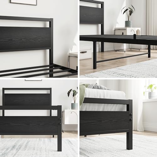 HOJINLINERO Black Twin Bed Frame with Wood Headboard,Metal Single Platform Bed Frame Twin Size No Box Spring Needed,Heavy Duty Metal Slats Support,Mattress Base,Noise Free,Easy Assembly,Black HOJINLINERO