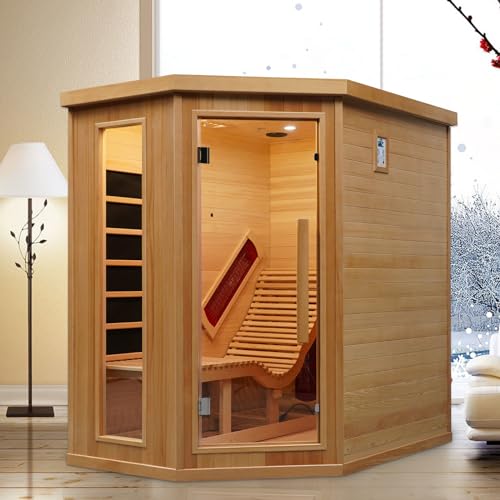 Smartmak Far Infrared Single Recliner Wooden Sauna,Home Indoor Canadian Hemlock Wooden Sauna,with 6 Heaters,Oxygen Bar,LED Controller,Bluetooth,Color Therapy Light(220V, 2300W) Smartmak