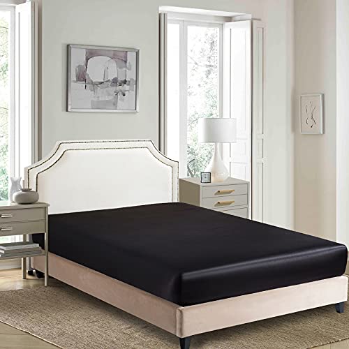 Satin Fitted Sheet, Full Fitted Sheet Only, 1 - Piece Ultra Soft Deep Pocket Single Silk Bottom Bed Sheet Full - Black Luxbedding