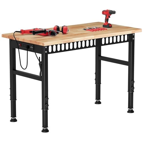 Antifir 48'' Adjustable Workbench with Power Outlets, Rubber Wood Top Heavy Duty 2000 LBS Load Capacity Workstation for Garage, Workshop, Commercial,Office,Home Antifir