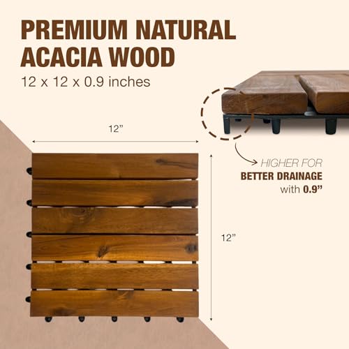 10 pcs Premium Acacia Wood Interlocking Decking Tiles – 12x12x0.9in Weatherproof Patio Flooring Outdoor – Interlocking Deck Tiles for Balcony, Backyar & Poolside, All-Weather Use (Golden Teak Finish) GREEN ALLUVIUM