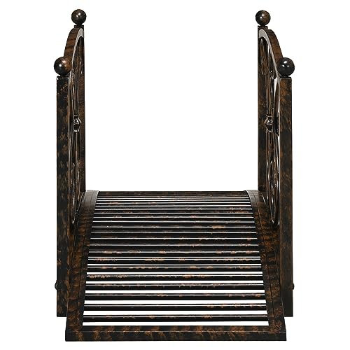 Outsunny 3.3FT Metal Arch Zen Garden Bridge with Safety Siderails, Decorative Footbridge, Delicate Floral Scrollwork for Stream, Fish Pond, Brown Outsunny