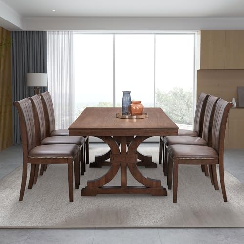 kevinplus 78.74'' Rectangular Wood Dining Table Kitchen Table for 6-8, Modern Mid-Century Retro Style Rubber Wood Metarial for Dining Room Trestle Pedestal Base, Dark Oak kevinplus