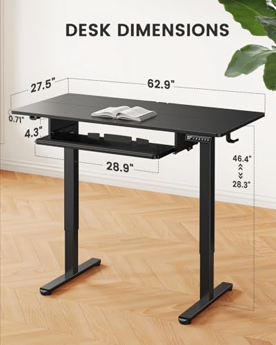 ErGear Large Electric Standing Desk with Keyboard Tray, 63x28 Inches Adjustable Height Sit Stand Up Desk, Home Office Desk Computer Workstation, Black ErGear