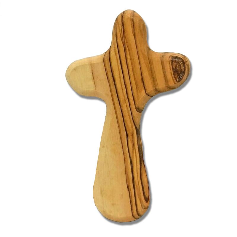 KOMI 4" Olive Wood Healing Comfort Hand Cross With Pouch - Wooden Holding Pocket Prayer Cross - Perfect Baptism or First Communion Gift Christian Gifts KOMI