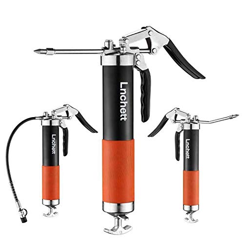 Lnchett Grease Gun with Towel, 9000 PSI Professional Heavy Duty 14 oz Pistol Grip Grease Gun with 18 Inch Spring Flex Hose, 2 Reinforced Coupler, 2 Extension Rigid Pipe and1 Sharp Nozzle Included Lnchett