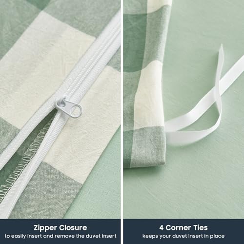 Wake In Cloud - Gingham Cotton Duvet Cover Set, Plaid Buffalo Check Checkered Farmhouse, 100% Washed Cotton Textured Percale Bedding Set, 3 Pieces, Green White, Twin/Twin XL Size Wake In Cloud