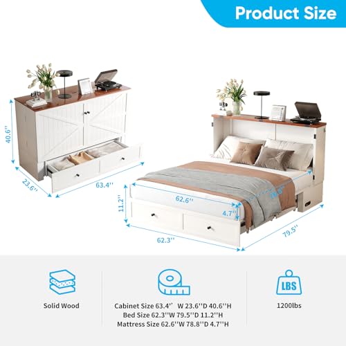 Mjkone 63" Width Queen Size Murphy Bed Cabinet with Charging Station, Mattress Included, Storage Cabinet Murphy Bed Chest Cabinets with Foldable Panel for Guest Small Spaces, Home Offices, White Mjkone