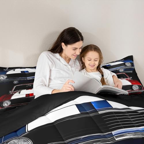 Classic Race Car Comforter Set - Retro Vehicles Theme Bedding with 1 Comforter and 1 Pillow Case - Twin Size Erosebridal