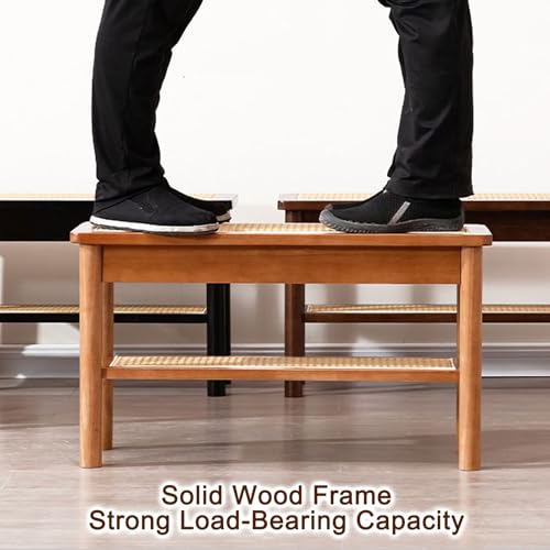 YLLSMGS Porch Bench Entryway Bench Wooden with Woven Rattan and Storage Shoe Rack for Living Room Hallway Entry Way Front Door(Yellow,80 * 44 * 28cm/31 * 17 * 11in) YLLSMGS