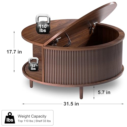 Round Coffee Table, 31.5" Fluted Center Table with Storage, Lift-Top Coffee Table with Adjustable Footpads, Sliding Door, Mid-Century Modern Center Table for Living Room, Small Space (Walnut) BEROXII