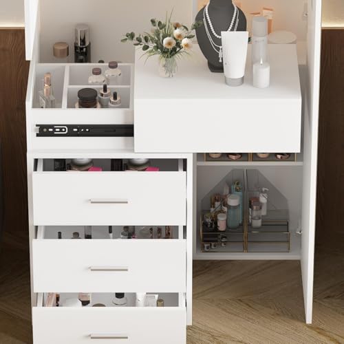 TAMUNE Vanity Desk with Mirror and Lights, Makeup Vanity with Drawers and Hidden Shelves, Full Length LED Mirror, Bedroom Dressing Table with Sliding Top, Grid Drawer, White, 19.7”D x 31.5”W x 63”H TAMUNE