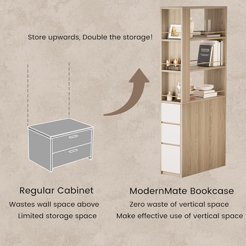 ModernMate Electric Standing Desk with 3-Drawer Bookcase, Adjustable Height Executive Desk, Home Office Workstation with A Engineered Wood 1.18" Solid Desktop, 71'' Corner Bookshelf, White Walnut ModernMate
