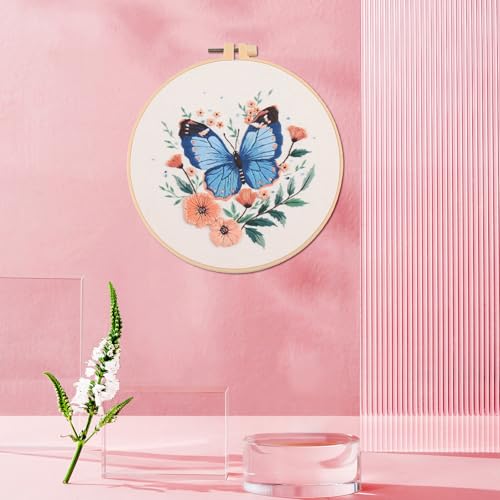 IUHUI Embroidery Kit for Beginners Adults - Spring Arrives with Blooming Beauty Easy Patterns, DIY Hand Stitching Embroidery Set with Hoop (Blue Butterfly Flowers)