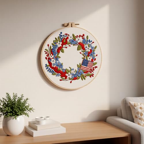 JJFox Embroidery Kit for Beginners & Adults, DIY Hand Embroidery Starter Kit with Cute Pattern, Cross Stitch Kit with Bamboo Hoop, Threads, Needles & Instructions (Independence Day Wreath)
