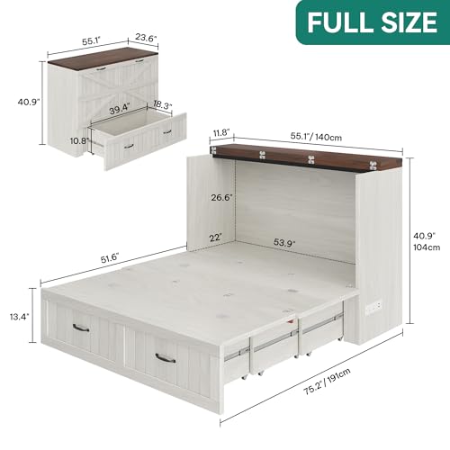 DWVO Full Size Murphy Bed with Charging Station, Cabinet Bed with Large Storage Drawer, Farmhouse Multi-Functional Murphy Cabinet Bed Frame for Bedroom or Guest Room, Noise-Free, Rustic White DWVO