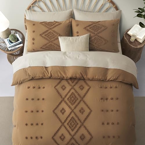 Oli Anderson Tufted Duvet Cover Twin Size, Soft and Lightweight Duvet Covers Set for All Seasons, 2 Pieces Boho Embroidery Shabby Chic Bedding Set (Pumpkin Brown, Twin, 68"×90") Oli Anderson