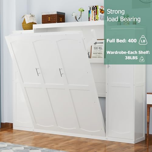 Polib Full Size Murphy Bed with Two Wardrobes and Storage Shelf, Space-Saving Wall Cabinet Bed with Foldable Platform Bedframe for Small Bedrooms, Guest Rooms and Apartments (White) Polibi