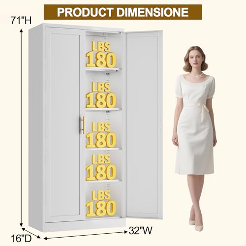 CJF White Kitchen Pantry Cabinet,71 Inch Tall Metal Storage Cabinet with 4 Adjustable Shelves and Doors, Freestanding Pantry Cabinet for Kitchen, Living Room, Dining Room, Bathroom, Easy to Assemble CJF