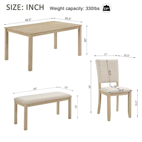 LUMISOL 6-Piece Dining Table Set with Bench and Chairs, Farmhouse Kitchen Table Set for 6 People, Wooden Table and Chairs Set for Kitchen, Dining Room, Light Oak+Beige LUMISOL
