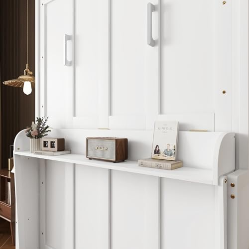MERITLINE Queen Murphy Bed with Desk, Solid Wood Vertical Murphy Wall Bed Cabinet with Storage Shelves Space-Saving Hidden Bedframe (White,Queen) MERITLINE